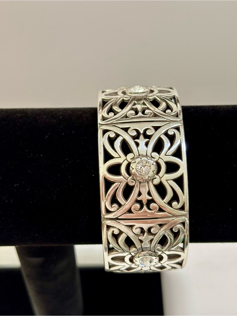 Vintage Brighton Retired  Silver Plate Filigree Rhinestone Hinge Cuff Bracelet
